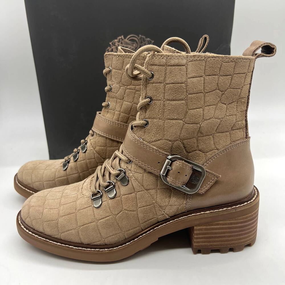 Vince Camuto Leather Boot Womens 7.5 Medium Kainder Truffle Lace Up Boots